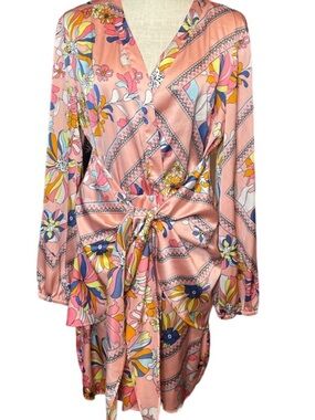 Floral Pink Satin Wrap Robe with Tie Waist